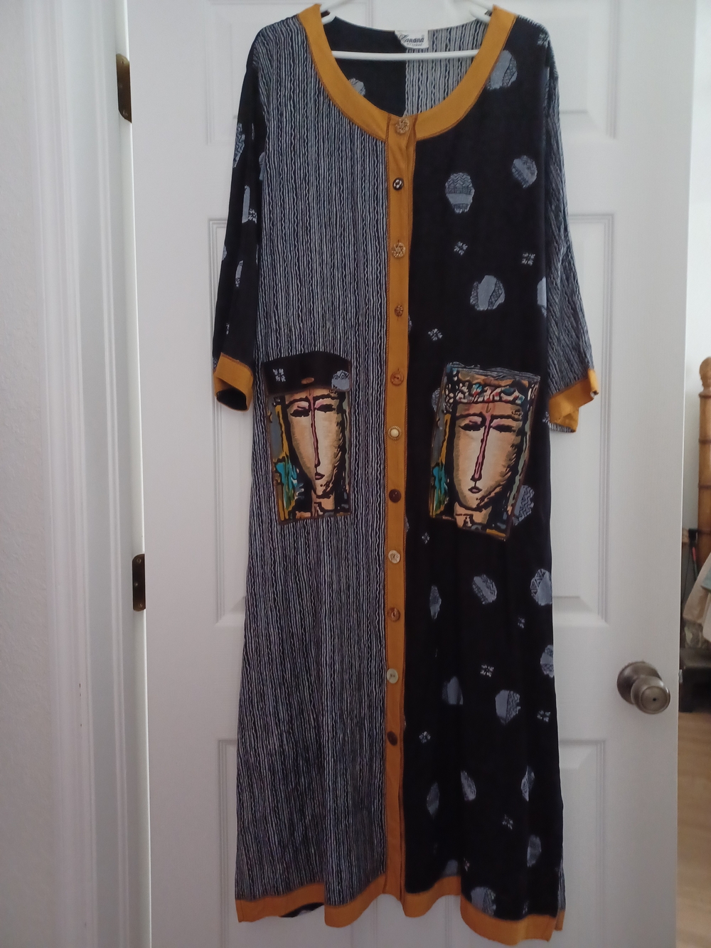 Zanana By Saraf Black Maxi Dress with Mustard Trim and Artistic Face Size 1X